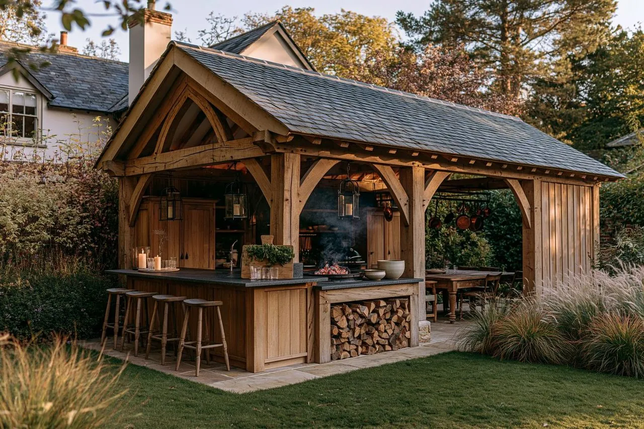 Design concept: oak kitchen-and-dining pavilion with bar seating, long dining table, fire lit, at dusk