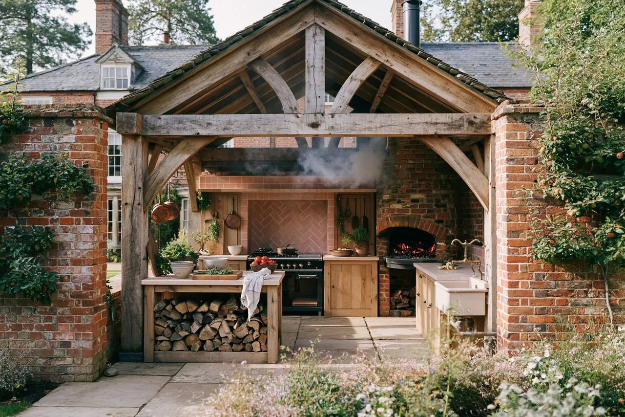 Design concept: part-enclosed oak kitchen with brick wood-fired oven and range cooker in a walled garden