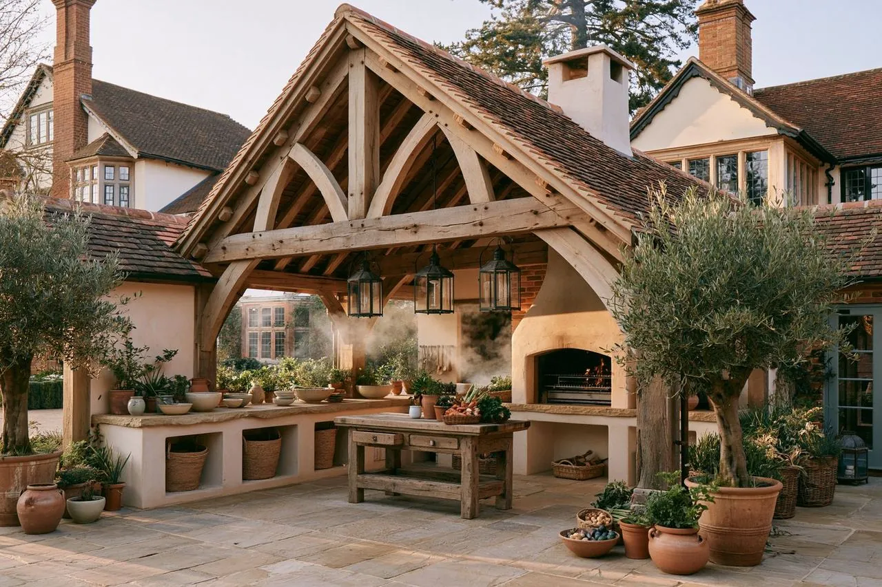 Design concept: part-enclosed oak kitchen with rendered open hearth, hanging lanterns, L-shaped plastered counter and olive trees